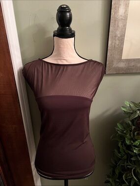 Sleek Cap-Sleeve Top with Sheer Yoke in Deep Plum